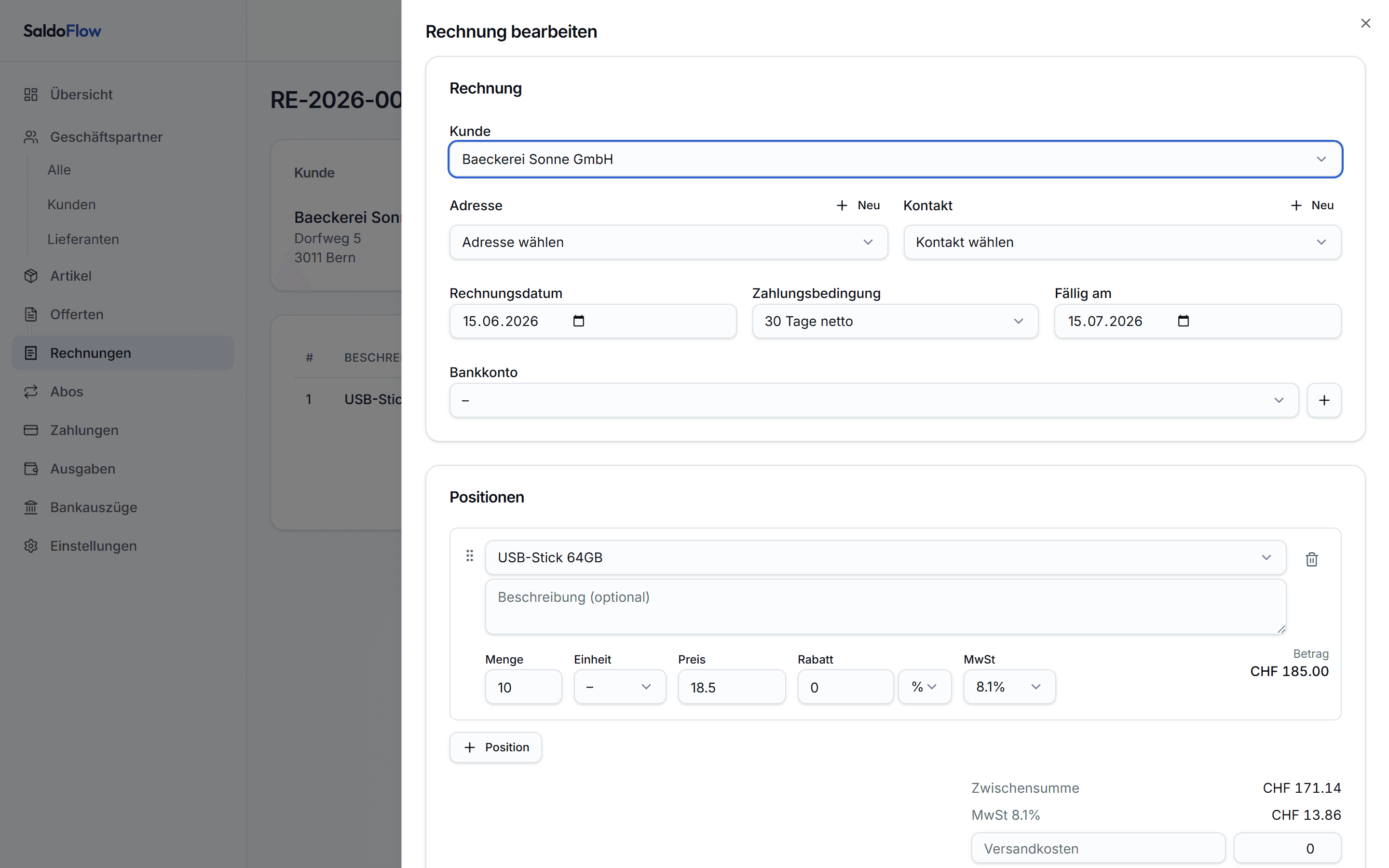 Rechnungs-Editor mit Positionen und Live-Summen